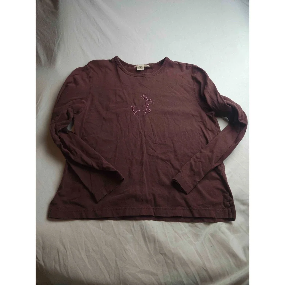 Woolrich Tee Shirt Womens Medium Brown Knit Embroidered Reindeer Long Sleeve Top